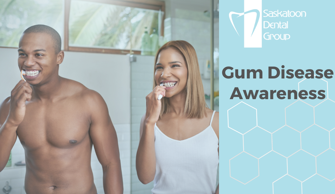 Gum Disease Awareness picture of 2 people brushing their teeth.